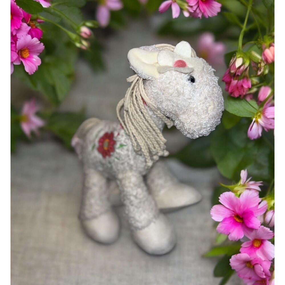 Happy Horse Plush White Horse‎ Fuzzy Pony - Pink flowers Stuffed Animal Braids